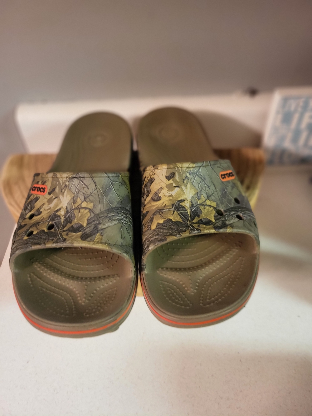 CROCS Men's Green Camo Slide Sandals with Orange Accents